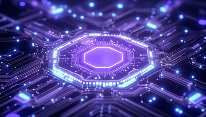 Glowing purple central processing unit on a futuristic circuit board