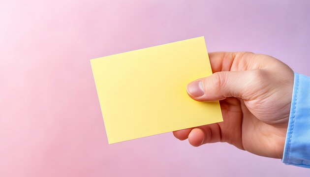Hand holding a blank yellow sticky note against a pink background