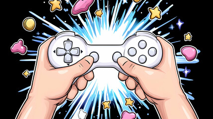 Hands gripping a video game controller, surrounded by an explosion of colorful shapes and stars