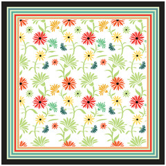 A square scarf, decorative pattern of bright flowers displayed on a white background, creating a cheerful visual effect.
