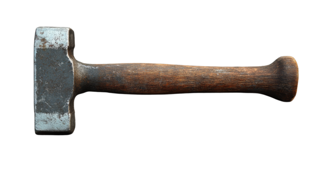 Heavy Duty Sledge Hammer: An aged, sturdy sledgehammer, with a worn wooden handle, resting as a symbol of powerful construction and rugged craftsmanship.