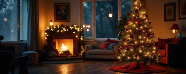 A beautifully decorated Christmas tree with lights, ornaments and garlands stands alone in a dimly lit room , twinkling lights, evergreen tree