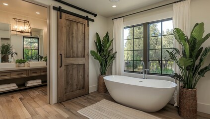 Modern Rustic Bathroom with Freestanding Tub and Barn Door
