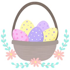 Easter basket celebratory. A decorative basket filled with colorful, polka-dotted Easter eggs surrounded by flowers and leaves. isolated on white background