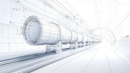 A futuristic transparent blueprint showcasing the interconnected structure of a complex pipeline system complete with a detailed fluid flow simulation
