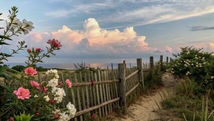 Obraz premium Delicate Blossoms and a Winding Country Road at Sunset