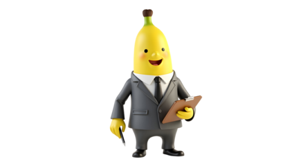 Banana character in business suit holding clipboard on Transparent Background
