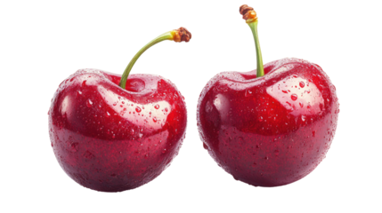 Juicy Cherry Duo: Two ripe, succulent cherries, glistening with refreshing water droplets, epitomize the essence of freshness and natural goodness.
