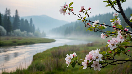 Delicate Blossoms and a Winding Country Road at Sunset