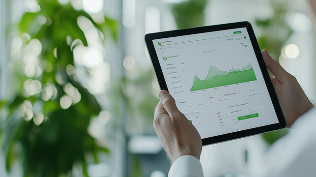 Tablet Data Analysis: Hands attentively examine financial graphs on a tablet amidst indoor greenery, portraying modern technology's seamless integration into professional analysis - Powered by Adobe