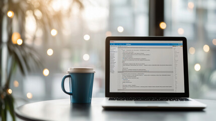 Code & Coffee Break: A modern laptop displays lines of code beside a ceramic mug on a round table with an outdoor scene in the background. Perfect for tech-themed projects