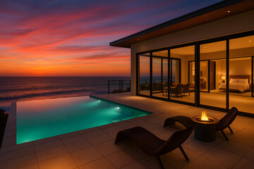 Fototapeta premium Luxurious Beach House at Dusk with Oceanfront Infinity Pool, Ambient Pool Lights, Expansive Terrace with Fire Pits, Modern Architecture and Sliding Glass Doors, Vibrant Sunset