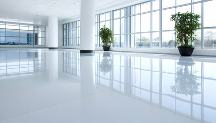 Fototapeta premium Modern, bright office lobby with polished floors, large windows, and potted plants
