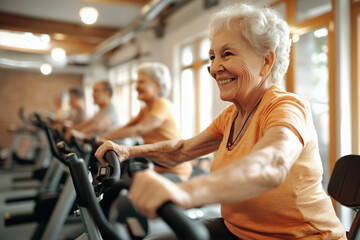 Fototapeta premium A group of senior citizens happily exercising in a bright and spacious gym.