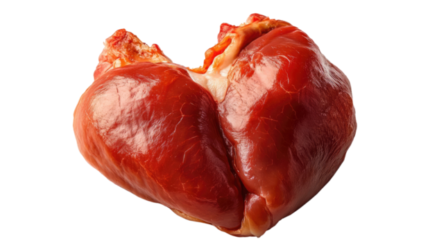 A Freshly Cut Heart: A detailed image capturing the vibrant, crimson hues and textures of a freshly cut animal heart, showcasing the raw and natural essence.