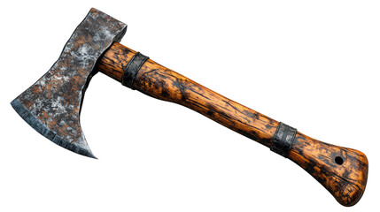Steel and Wood: Rustic axe with weathered steel blade and wooden handle with focus on vintage aesthetics, reflecting craftsmanship and old world charm.