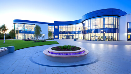 Modern school building at twilight, showcasing curved architecture, landscaped grounds, and inviting entrance
