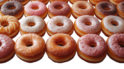 Delicious Assortment of Donuts: An array of delectable donuts, each adorned with colorful icing and various toppings, arranged artfully to create a visual feast.
