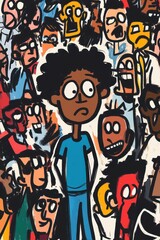 Obraz premium Cartoon man in crowd with anxious expression 