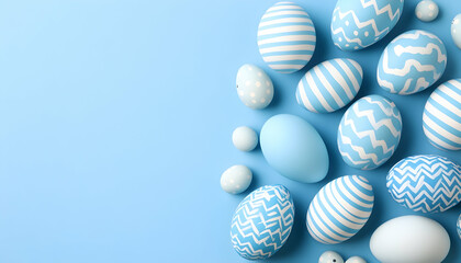 Fototapeta premium Pastel blue Easter eggs arranged on a light blue background