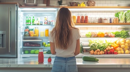 A woman stands by a kitchen counter, gazing at a well-stocked refrigerator filled with colorful fruits, vegetables, and beverages.
