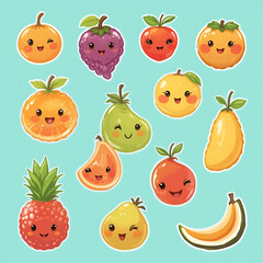 A colorful assortment of fresh fruits, including apples, bananas, and oranges, alongside playful fruit characters with expressive faces and limbs, set against a bright background.