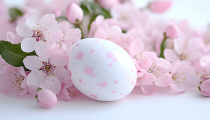 Fototapeta premium Pastel pink blossoms surround a speckled Easter egg