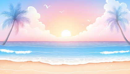 Obraz premium Pastel sunset over tranquil ocean beach with palm trees