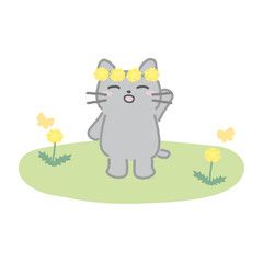 春を満喫するねことたんぽぽのイラスト