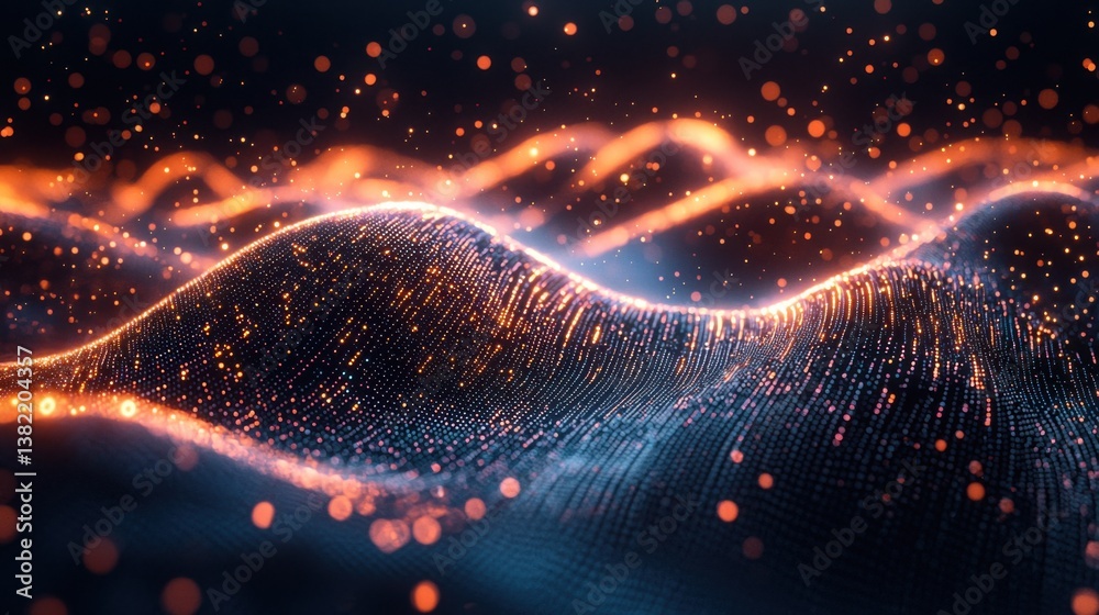 Poster a mesmerizing abstract image showcasing flowing waves of light and particles, creating a dynamic sen