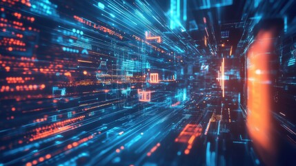 A vibrant digital landscape featuring blue and orange light streaks, creating a futuristic and dynamic visual effect reminiscent of data streams.