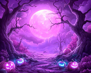 Purple Halloween night scene with glowing jack-o'-lanterns and full moon