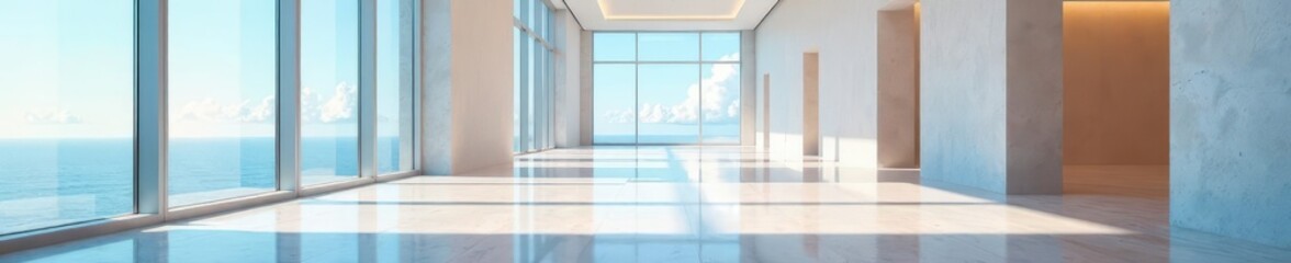 Empty hallway, large windows; gleaming floor reflects sky , sunlit, geometric, modern