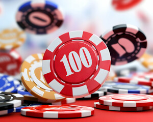 Red 100 casino chip in motion above a pile of colorful chips