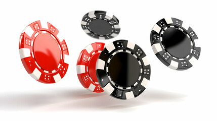 Red and black casino chips floating in mid-air against a white background