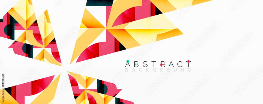 Poster bright geometric shapes overlap creating dynamic composition. vibrant colors, including red, yellow,