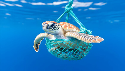 Rescued sea turtle in a net, underwater