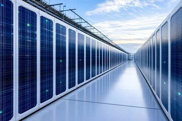 Rows of solar-powered server racks in a modern data center
