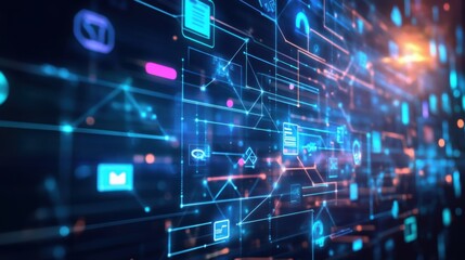 Fototapeta premium A vibrant digital network visualization with interconnected data points and glowing icons, symbolizing technology and communication.
