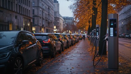 electric vehicle charging stations aligned on a city street during autumn providing sustainable infrastructure with parked cars