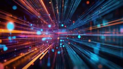 A vibrant abstract image depicting streaks of light and colorful dots, representing speed, data flow, and digital technology.