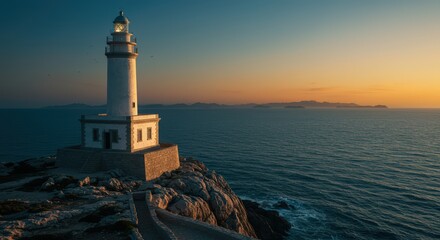 Naklejka premium Lighthouse Sunset Seascape: Coastal Serenity at Golden Hour