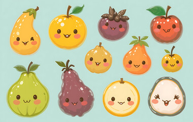 A vibrant collection of cute fruit clipart in vector format, featuring smiling apples, cheerful bananas, and playful oranges with expressive eyes and colorful details.