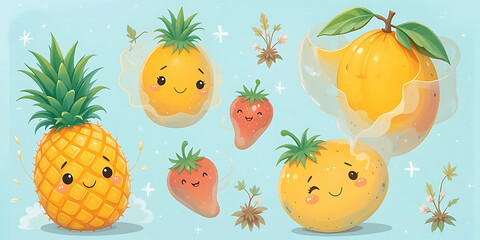 Adorable pineapples with cartoonish faces and big, expressive eyes, each wearing a playful smile, set against a bright, cheerful background.
