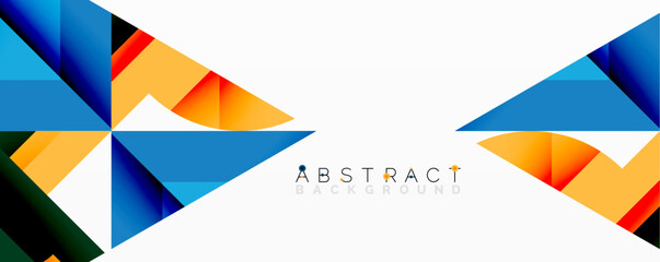 Geometric shapes create vibrant design. Blue, orange, black tones dominate white space. Modern, abstract composition. Minimalist aesthetic.