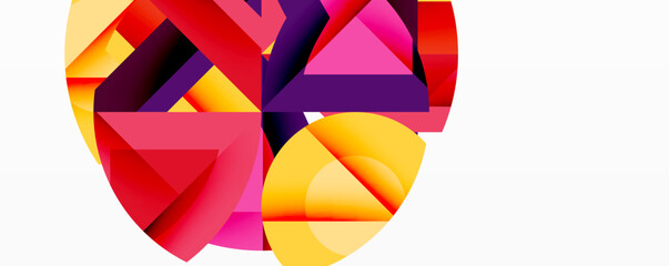 Bright geometric shapes overlap. Vivid colors create dynamic composition. Abstract design with gradients, triangles, circles, modern aesthetic.