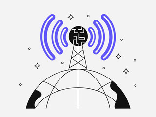 Satellite dish antenna on a blue background with wireless network symbol and technology connection