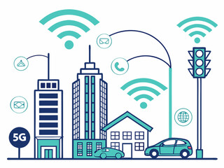 Wireless network concept with city skyline and urban elements