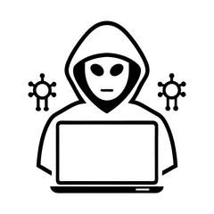 Create a stylized icon depicting a hooded figure, shrouded in shadow, hunched over a glowing laptop screen; conveying a sense of mystery and technological expertise.