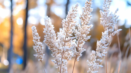 Soft, beige-white autumnal grasses in a blurred forest background